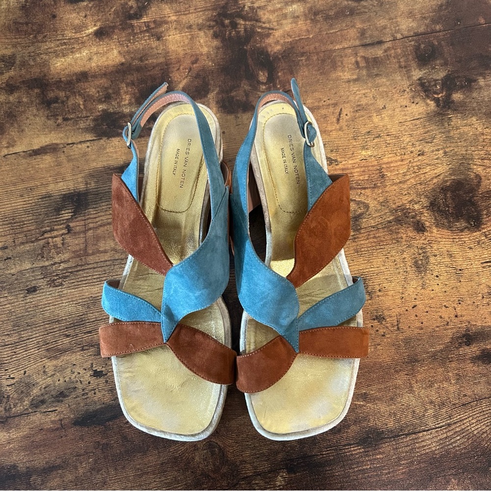 Dries Van Noten Gold / Brown suede slingback wedge heel sandals EU 40 - Picture 3 of 5